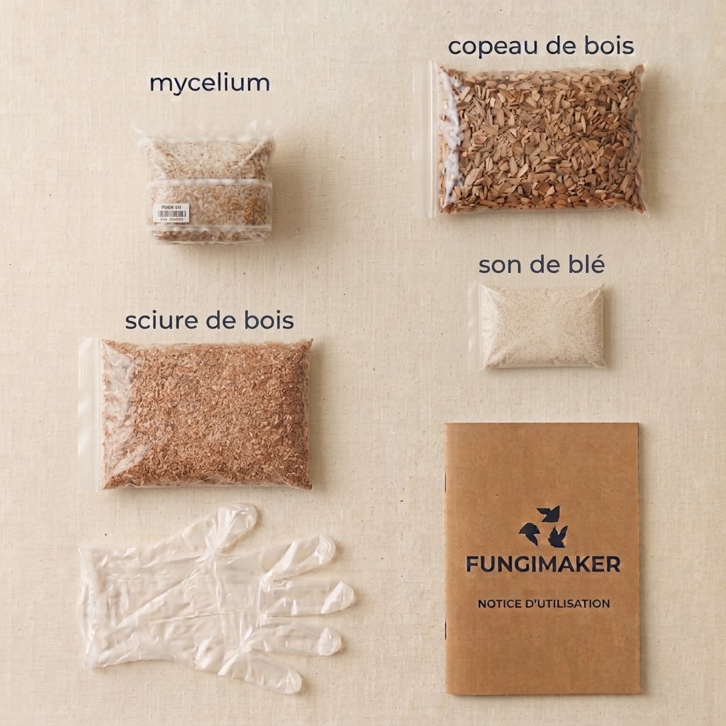 Contenu du kit prêt à pousser Fungimaker : mycélium, copeaux de bois, sciure de bois, son de blé, gants et notice