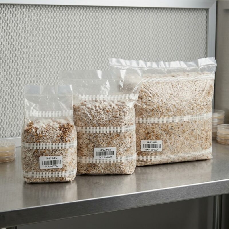 Trois sacs de mycélium sur grains Fungimaker, de 1,25 L, 2,5 L et 5 L